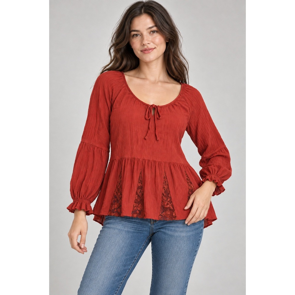 American Eagle Red Crinkle Gauze Lace Inset Babydoll Blouse XL Top